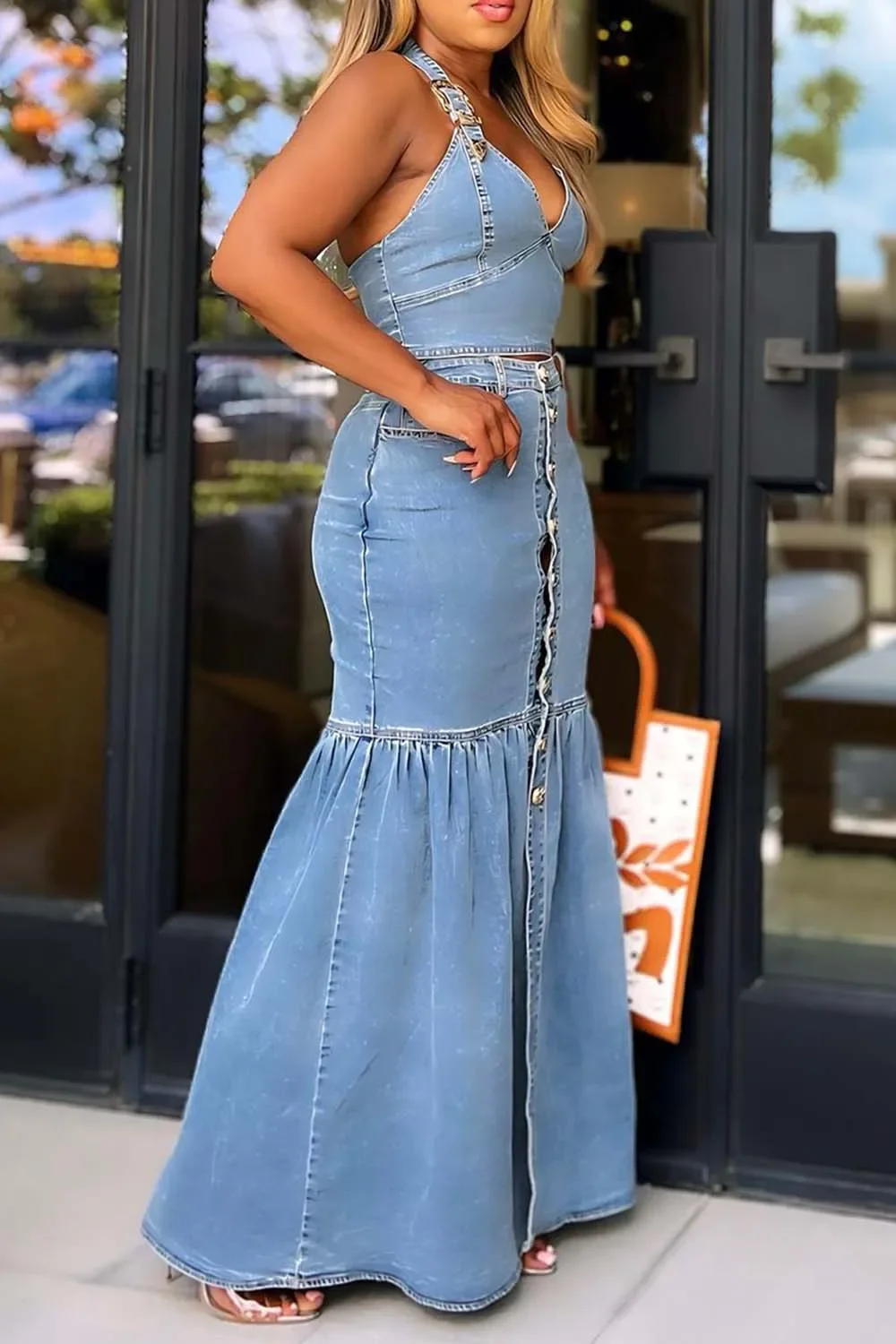 Women's Plus Size Denim Two Piece V-Neck Sexy Mermaid Skirt and Halter Cropped Top Matching Set Casual Versatile Fashion Outfits