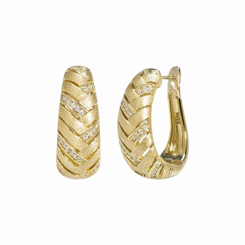

BELLUX Italian Brushed Design Earrings Fine S925 Silver Gold-plated Fashion Ear of Wheat Woven Earrings