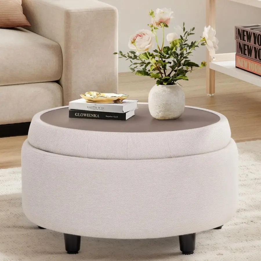 

Fabric Round Storage Ottoman with Reversible Tray Lid MultiFunctional Footrest, Hidden Storage, Sturdy amp Stylish Small Coffee