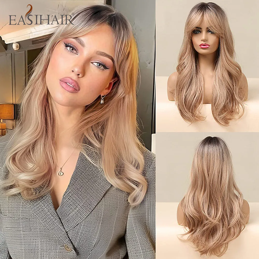 

EASIHAIR Long Golden Blonde Ombre Wavy Synthetic Wigs for Women Cute Natural Hair Wigs with Bangs Heat Resistant Wigs Cosplay