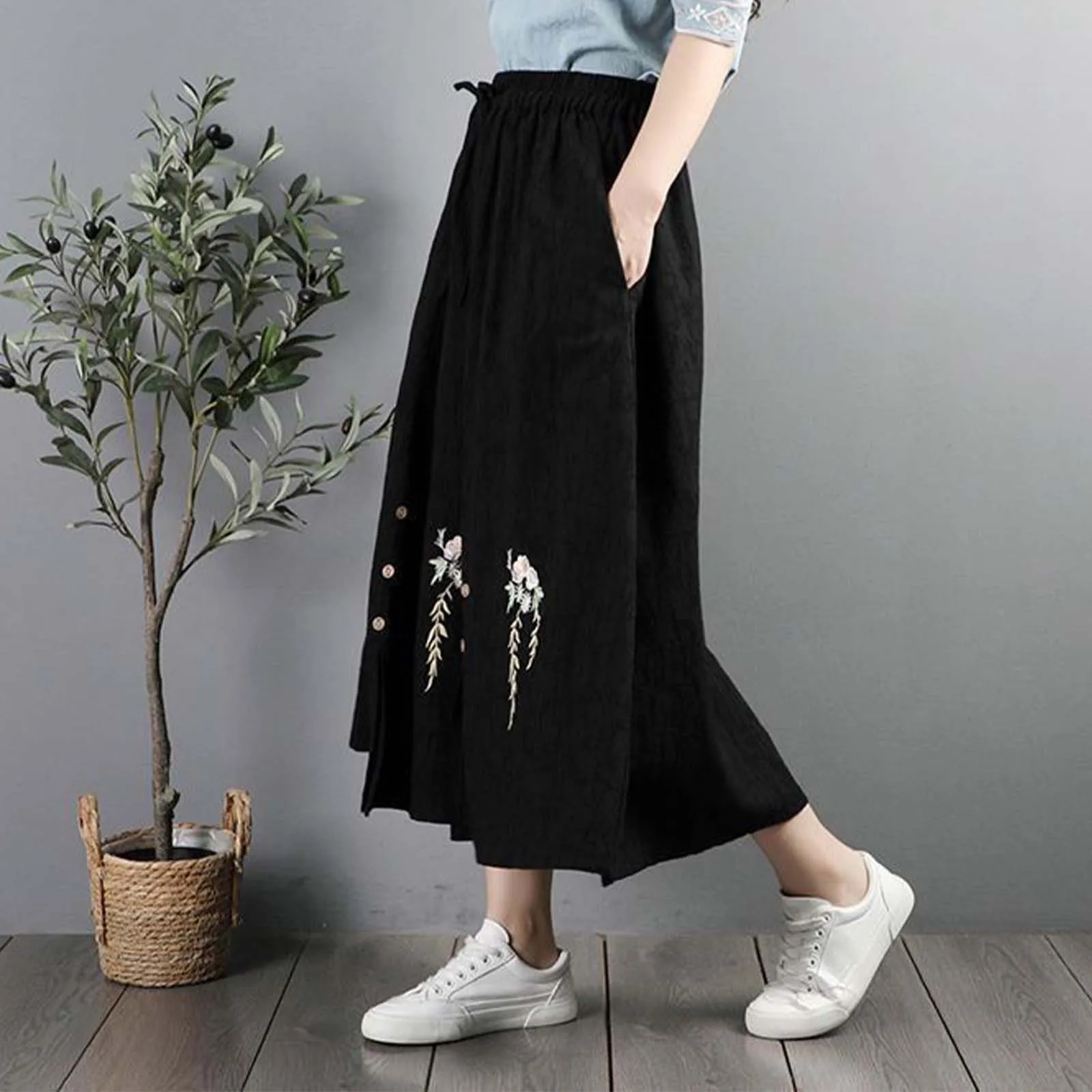 

High Waist Cotton Linen Floral Embroidery A Line Skirt Elastic Waist Loose Fit Home Skirts Women Drawstring Pleated Skirt