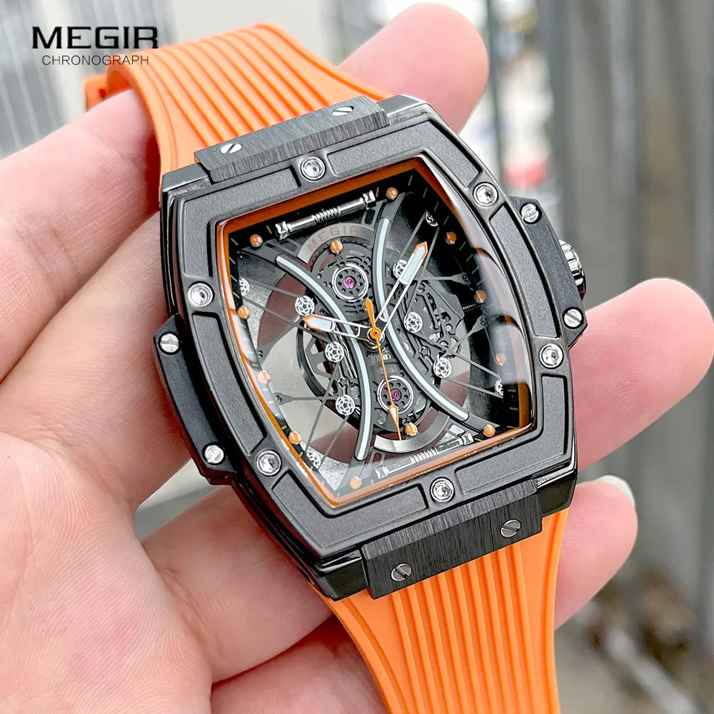 MEGIR Fashion Analog Quartz Watch Men Tonneau Dial Waterproof Military Sport Wristwatch with Luminous Hands Orange Silicone Band