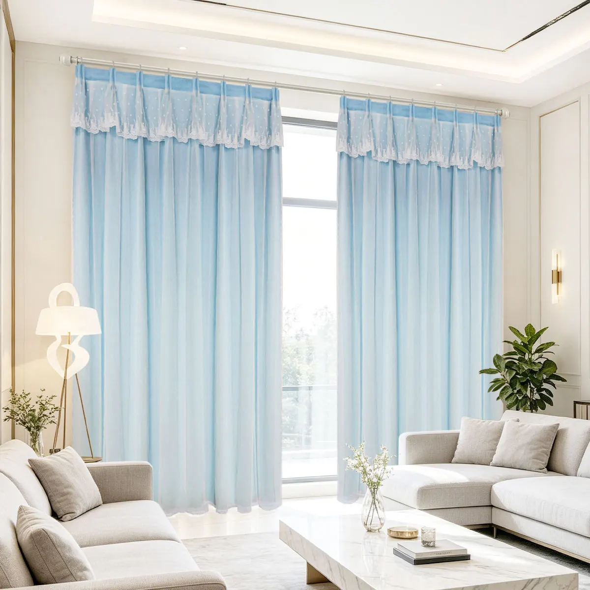 Light Blue Double Layer Lace Valance Medium Shading Hook Pleat Curtains, Romantic Decor Drapes for Household Windows
