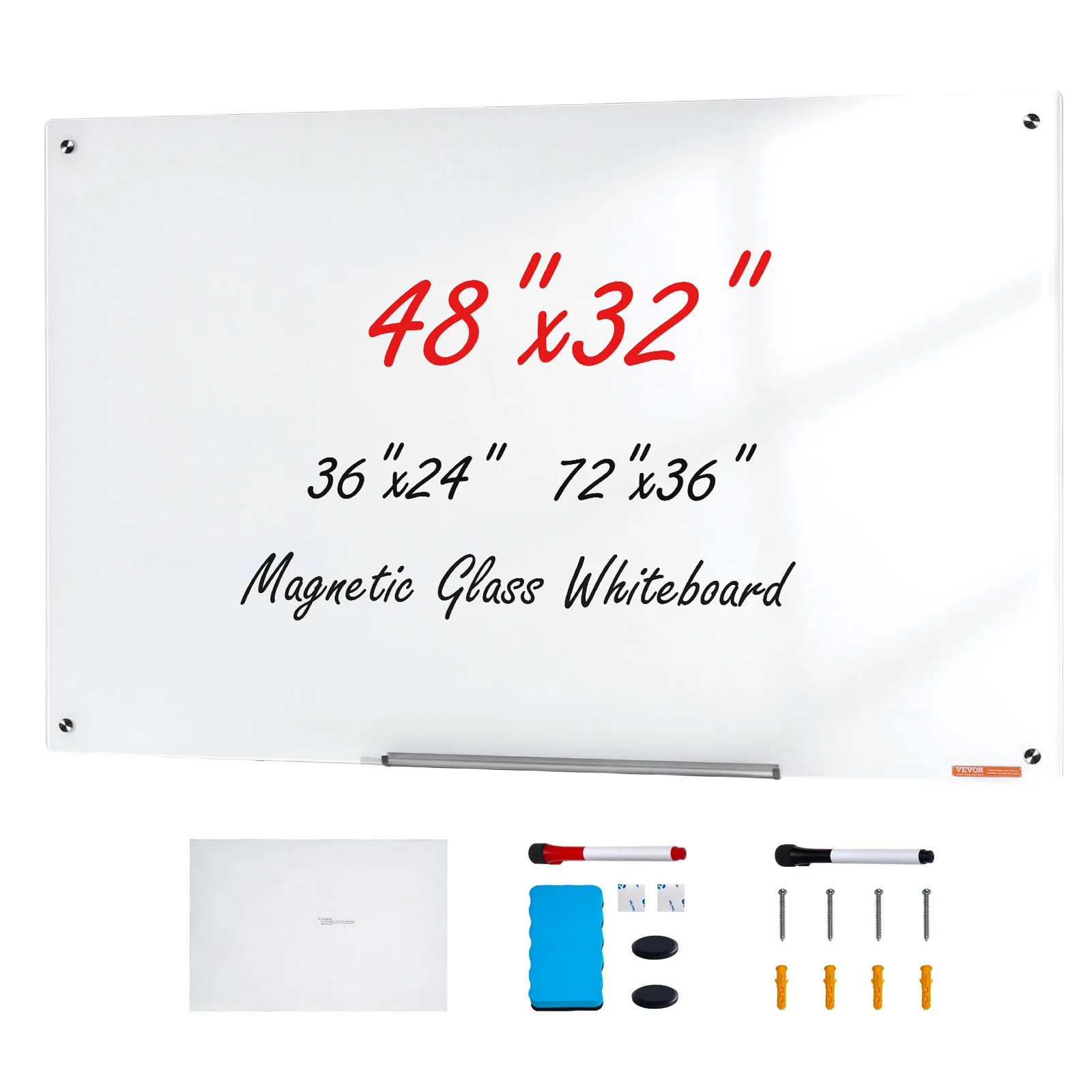 VEVOR Magnetic Glass Whiteboard 48"x32" Dry Erase Board Wall-Mounted Large White Frameless Glassboard for School Office Home