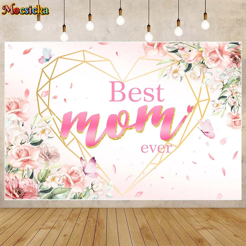 Mocsicka Happy Mother's Day Background Tulipa Pink and Purple Flower Best Mom Party Decor Backdrop Banner Studio Photocall Props