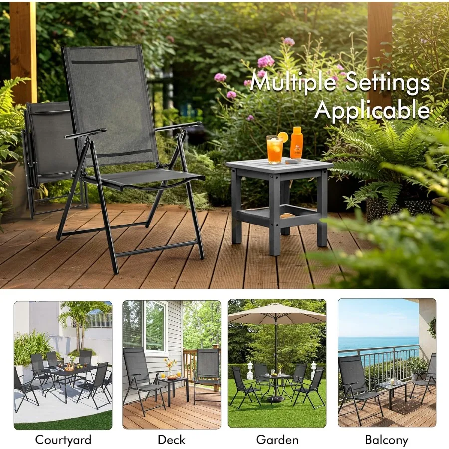 مجموعة كراسي تناول الطعام القابلة للطي في الفناء مكونة من كرسيين للحديقة الخارجية قابلين للتكديس مع 8 أوضاع خلفية قابلة للتعديل ومسند للذراع لحديقة الحديقة