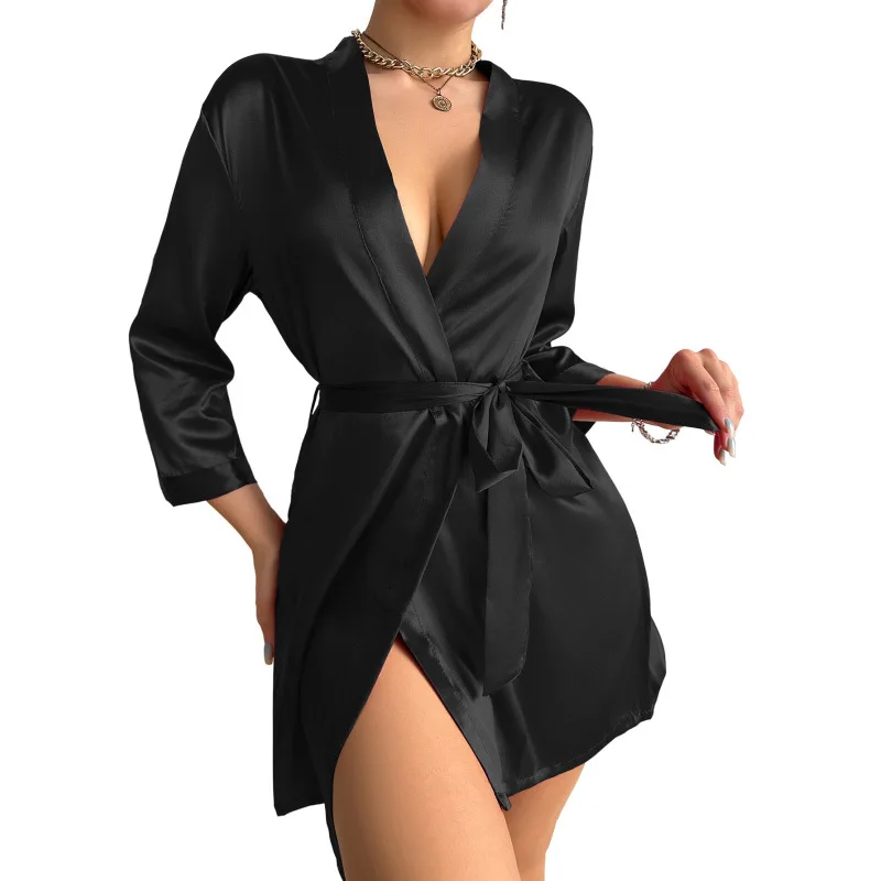 Sexy Robe de seda com decote em v feminino com cinto, quimono curto de cetim, roupão Pijamas, dama de honra