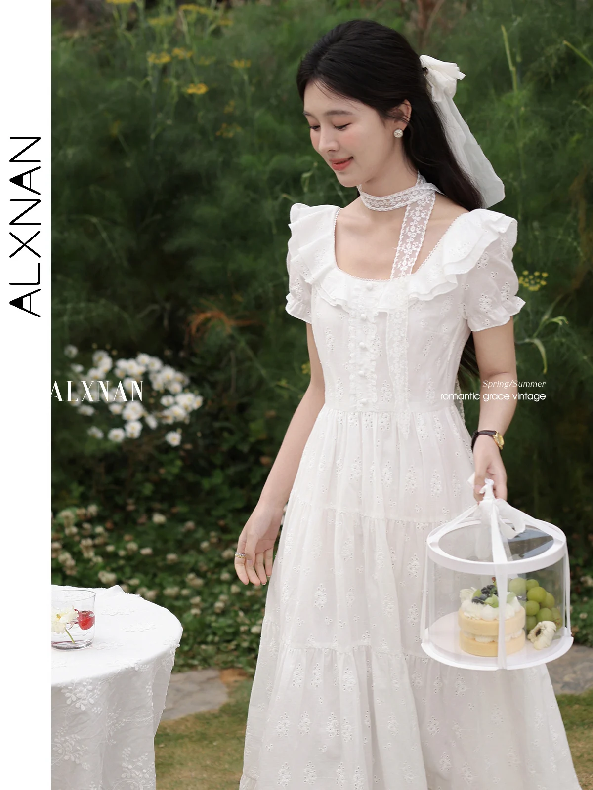 

ALXNAN Women's Long Dress Ruffled Puff Sleeve Lace Hollow Embroidery Dress Cotton Square Neck Short Sleeve Female Clothes L55171