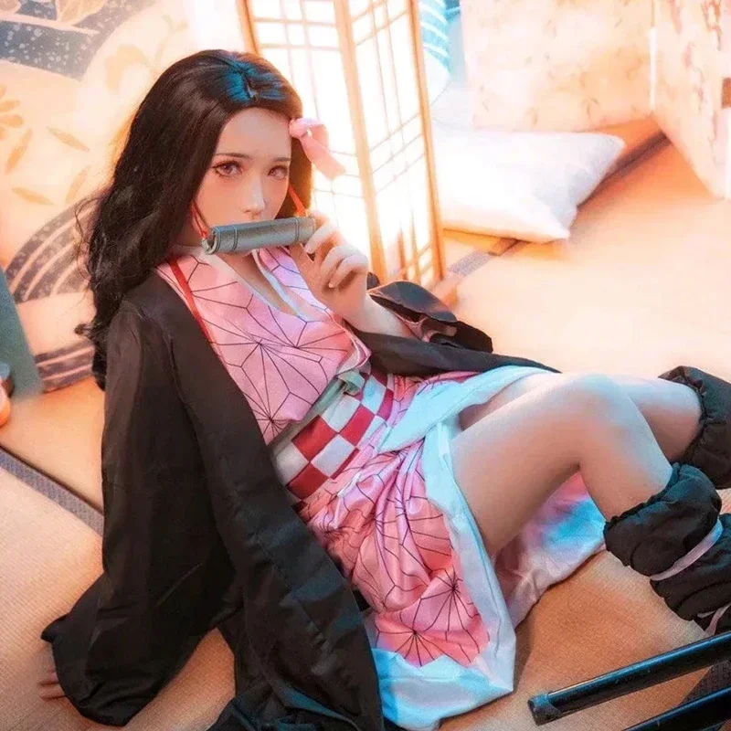 

Anime Kamado Nezuko Cosplay Kostuum Demon Slayer Cosplay Uniform Kleding Kimono Pruik Rekwisieten Set Halloween KostuumVolwassen
