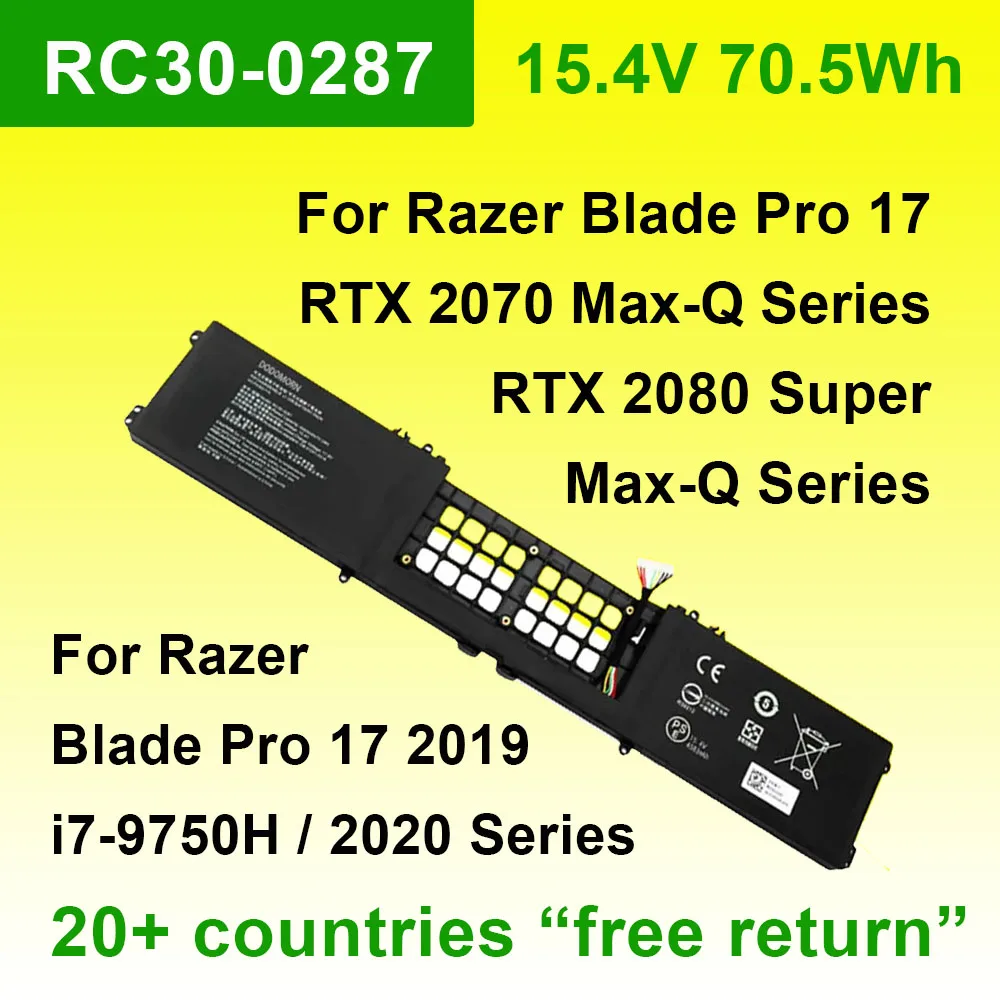 

RC30-0287 Replacement Laptop Battery 15.4V 70.5Wh For Razer Blade Pro 17 2019 2020 i7-9750H RZ09-03297 RTX 2070 Max-Q Series