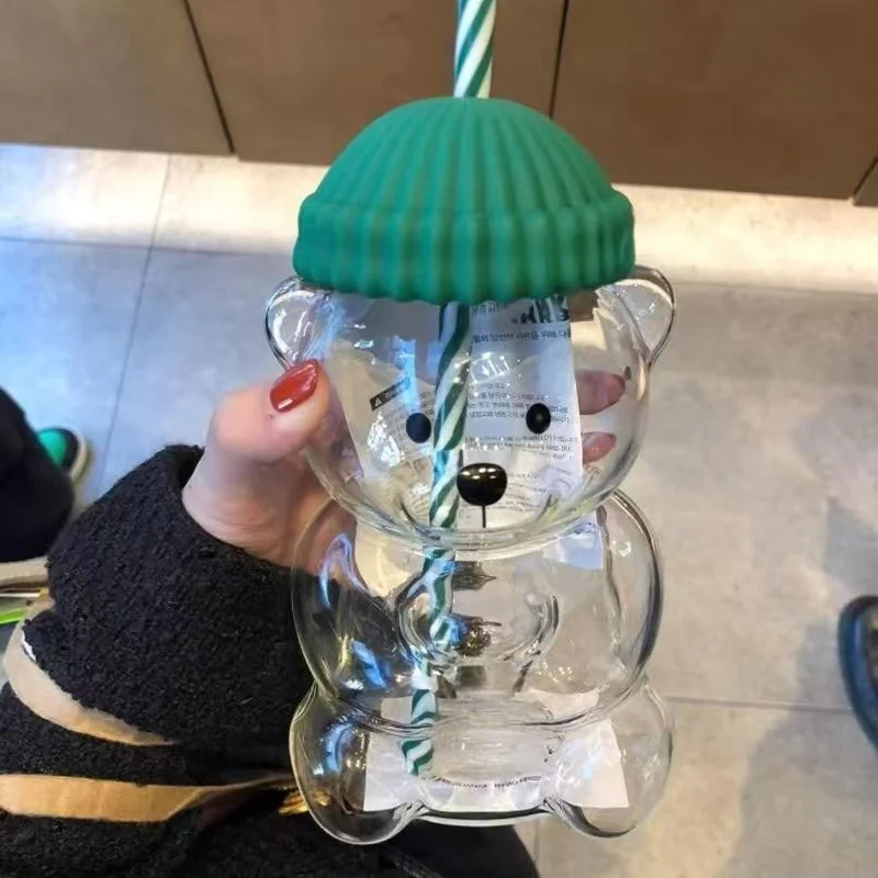 New glass bear cup with straw and lid, 20 oz high borosilicate glass, suitable for all beverages, can be used in microwave oven