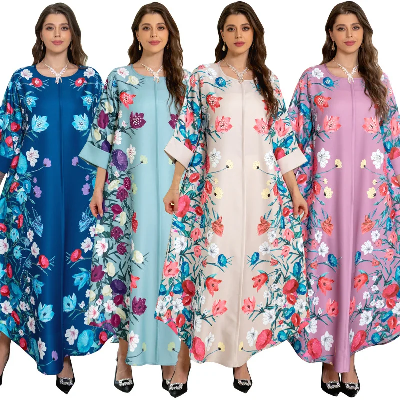 

New Middle East Ladies Arab Dress Beads Printed Dress Abaya Robes Muslim Jalabiya Robe De Soirée Femme Longue Dubai