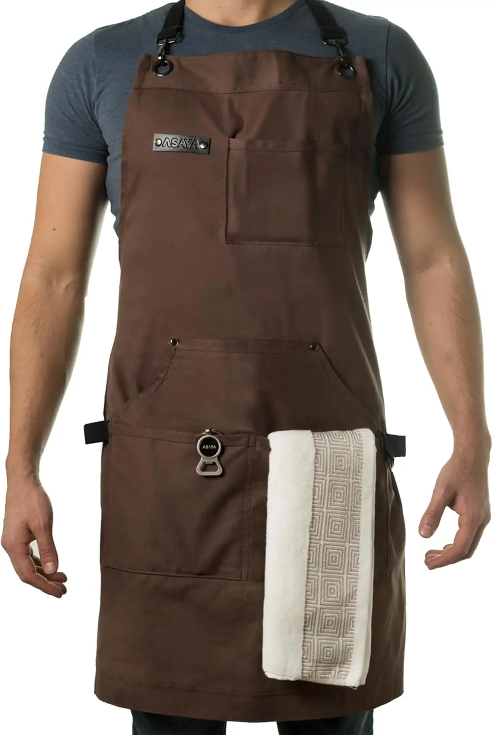 

Chef and BBQ Apron with Bottle Opener and Hand Towel - 10oz Cotton Canvas, Stainless Steel Hardware - Cross Back Straps