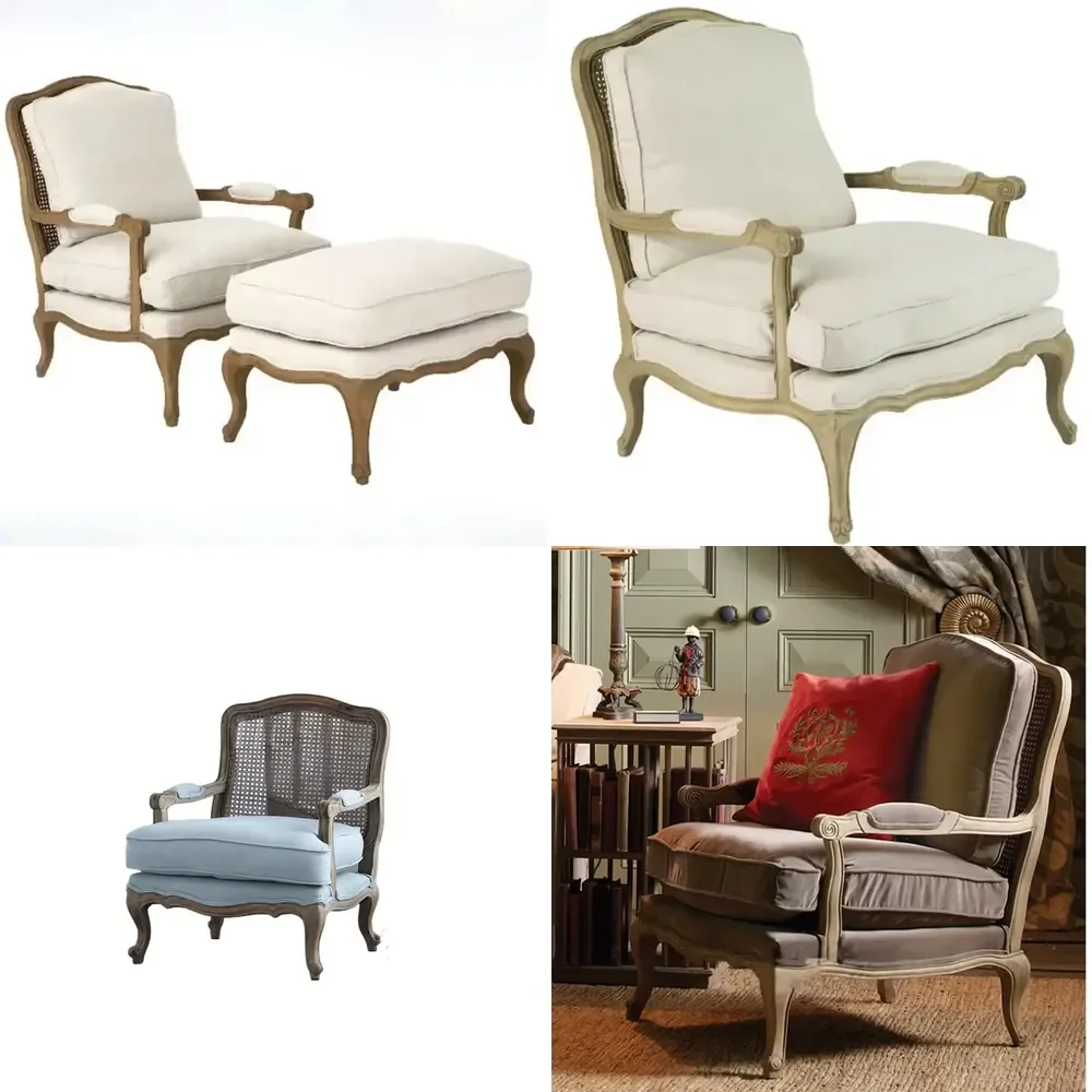 2026 Hot Sale Antique French Farmhouse Wooden Armchair with Stool for Living Room Furniture Accent Chair