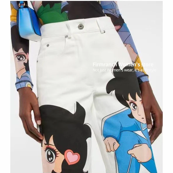 Firmranch Jennie Clothes Women 2023 Trend Spring Summer Astro Boy Cartoon Printed Casual Pants White Skinny Trousers VS Top Set