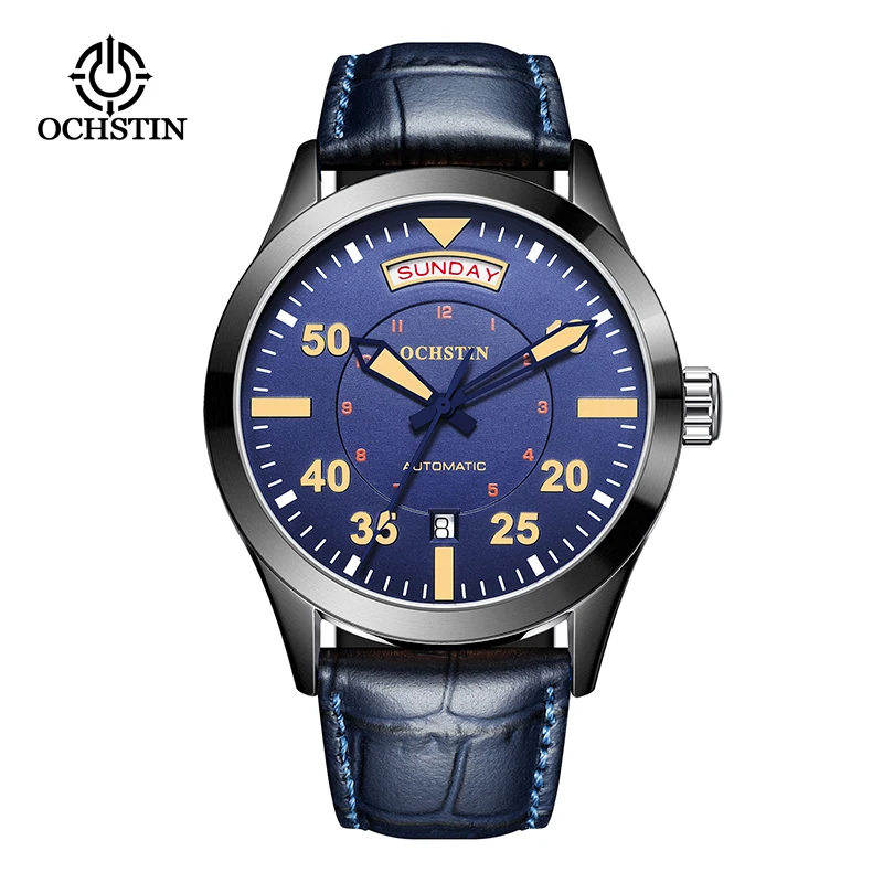 OCHSTIN Fashion Luxury Mechanical Automatic Skeleton Dual Calendar Watch Transparent Back Cover Minimalist Design With Blue Dial