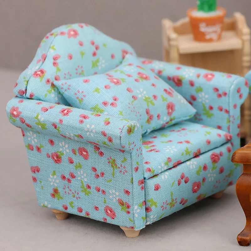 1/3Pcs 1:12 Dollhouse Miniature Single Sofa Double Sofa With Pillow Blue Background Red Small Floral Sofa Model Furniture Toys