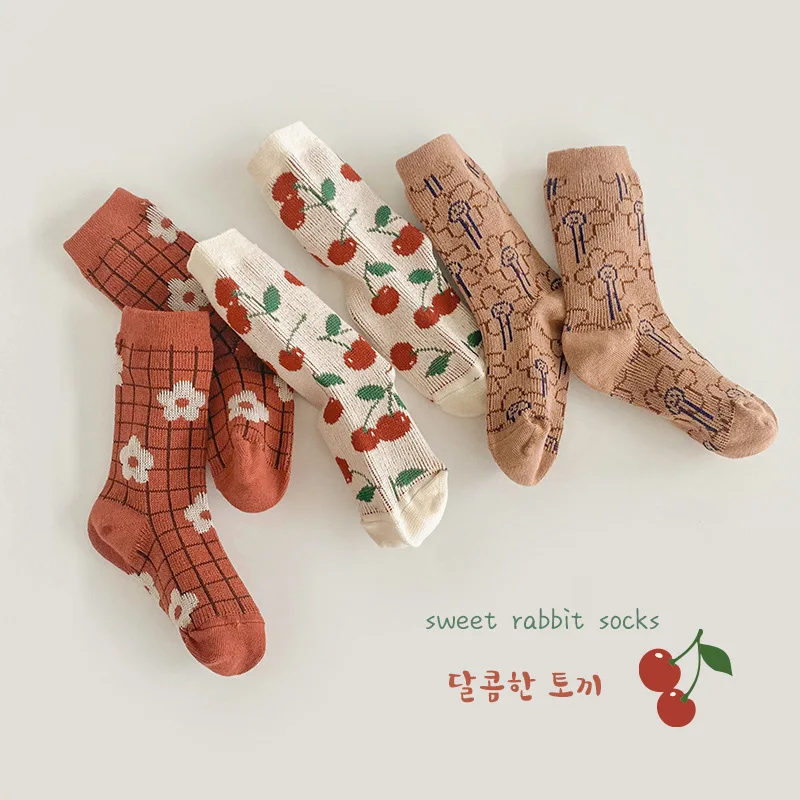 

Girls Socks Spring Cotton Socks Cute Cherry Flower Socks Kids Calf Length Double Woven Cotton Socks