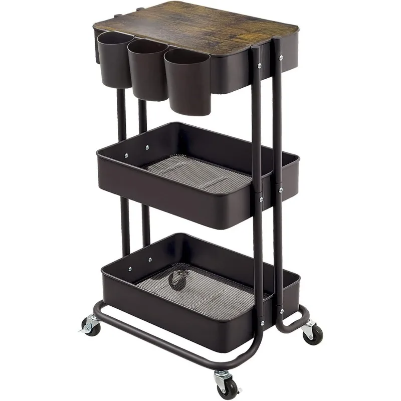 3-Tier Metal Utility Rolling Cart Storage Side End Table with Cover Board for Office Home Kitchen Organization