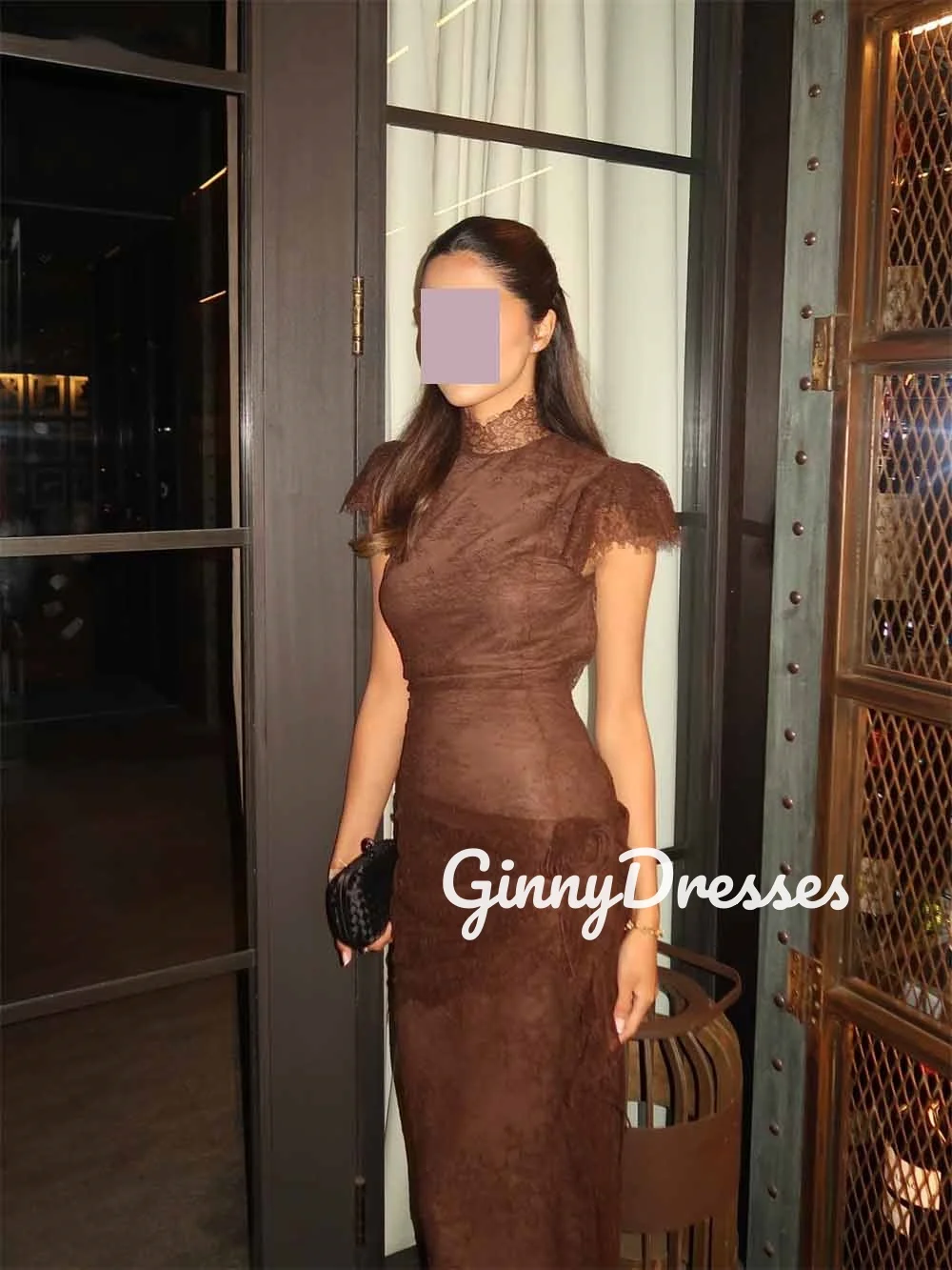 

Dubai Luxury Evening Dress Customize Sheath Scoop Neckline Dresses For Prom Short Sleeves Lace Floor-Length Formal Occasion Dres