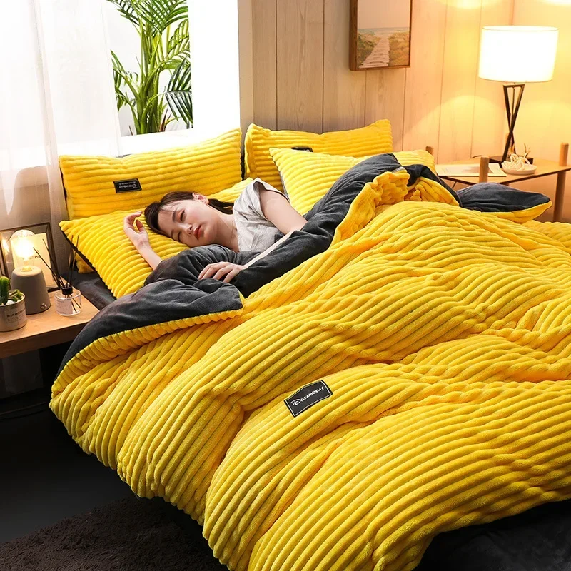 Thick Coral Velvet Striped Quilt Cover Set Soft Flannel Warm Comforter Sets for Autumn Winter Solid Duvet Cover with Pillowcase