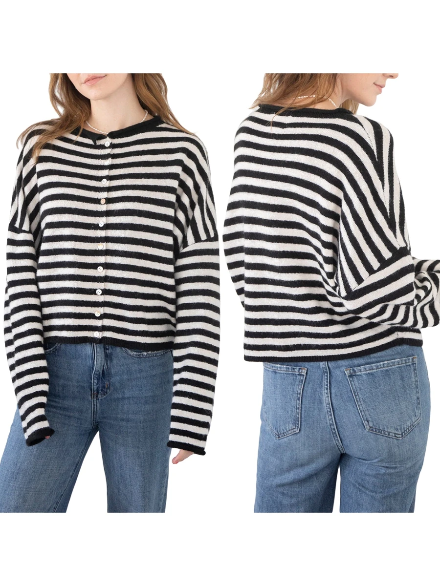 Women Fashion Cardigan Stripe Long Sleeve Sweater Button-Down Fall Casual Soft Knit Coat