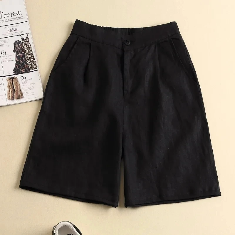 Khaki Solid Casual Linen Cotton Elastic High Waist Wide Leg Button Loose Women\'s Shorts Korean Fashion Summer Shorts Women 2024