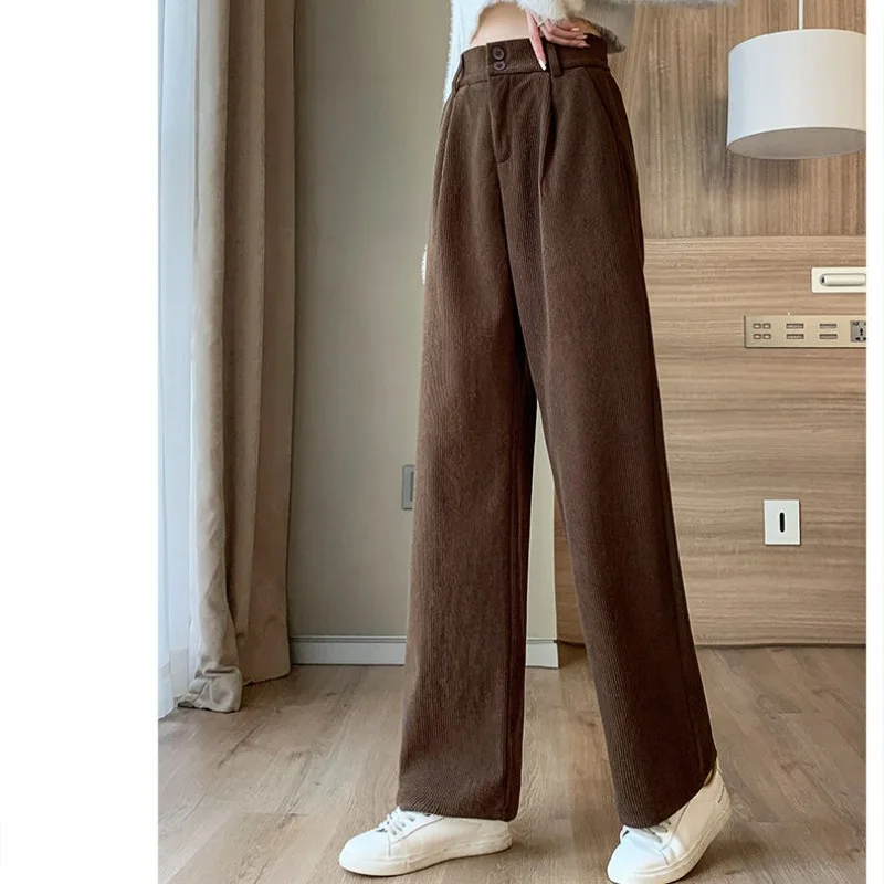 

Autumn and Winter Women's Splicing Elastic High Waist Loose Corduroy Wide Leg Pockets Fashion and Casual Commuter Trousers