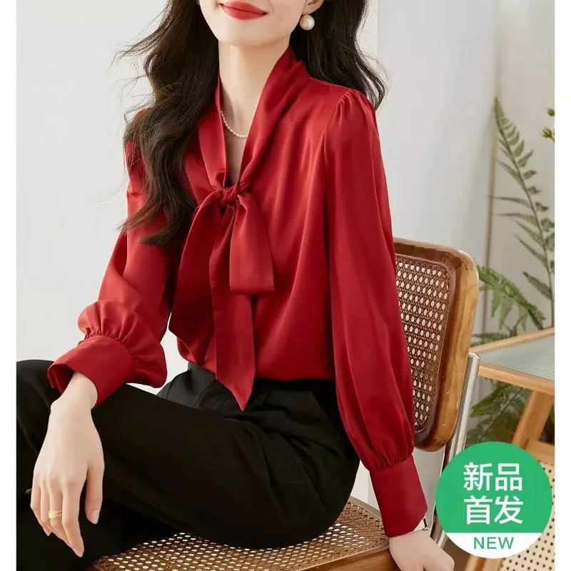 

New Arrival Shirt Womens Blouse Vintage Work Casual Tops Chiffon Bow Elegant Loose Women Business Shirts Pullover A318