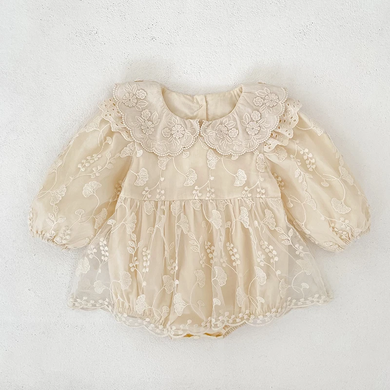 Baby-Mädchen-Strampler aus Spitze, langärmelig, mit Stickerei, Peter-Pan-Kragen, Body, Neugeborenen-Overall, beige, Geburtstags-Foto-Outfit, 0-24 Monate – Detail 2