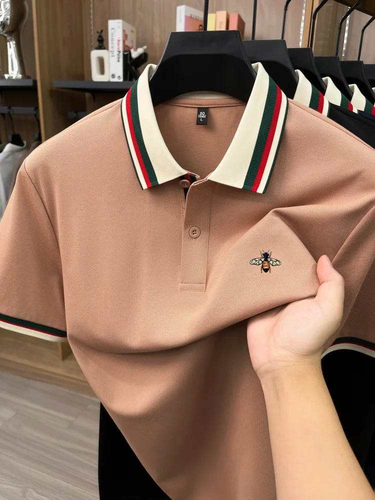 High-End Seide Baumwolle Kurzarm Herren POLO Shirt Sommer Mode Marke Boutique Bienen Stickerei Freizeit Business Flip-up T-Shirt – Detail 22