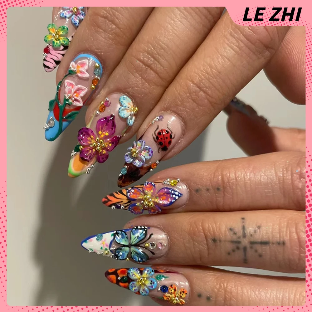 2024 Summer Hot Sales Handmade 3D Lily Flower Press On Nails Party Sticker Natural Garden Ladybug Butterflies Fake Nail Stickers