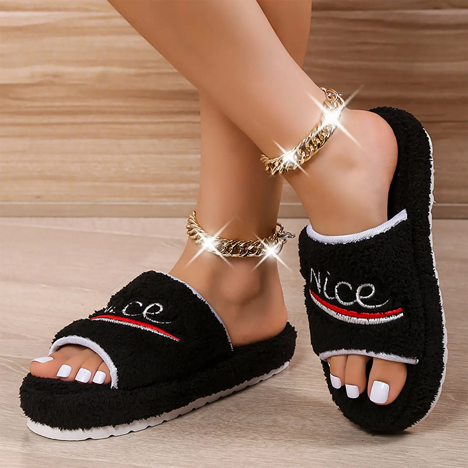 

House Letter Printed Slippers Platform Fur Shoes Women Soft Plush Flat 2024 Basic Rubber PU Female Shoes zapatos mujer