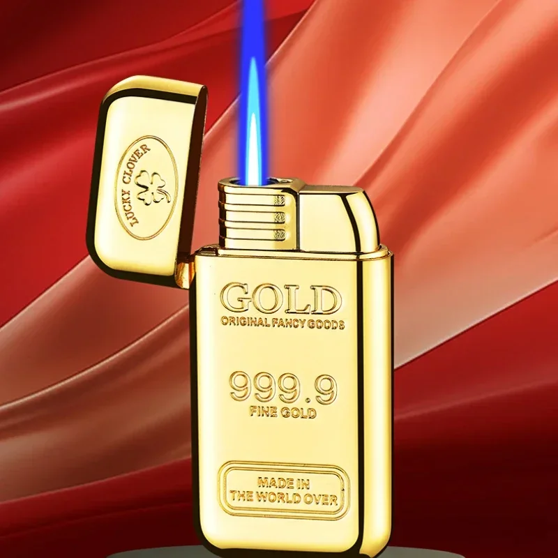 Compact Creative Gold Brick Windproof Jet Blue Flame Torch Gas Lighter Small and Rich Portable Cigar Lighters Smoking Wholesale