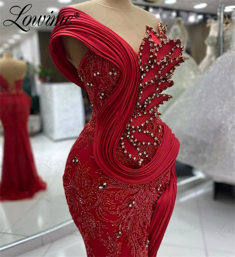 Aso Ebi vestido de graduación con cristales rojos para mujer, vestido de sirena con cuentas de lentejuelas, diseño de hoja 3D, vestido de noche árabe, vestidos de compromiso para fiesta de boda