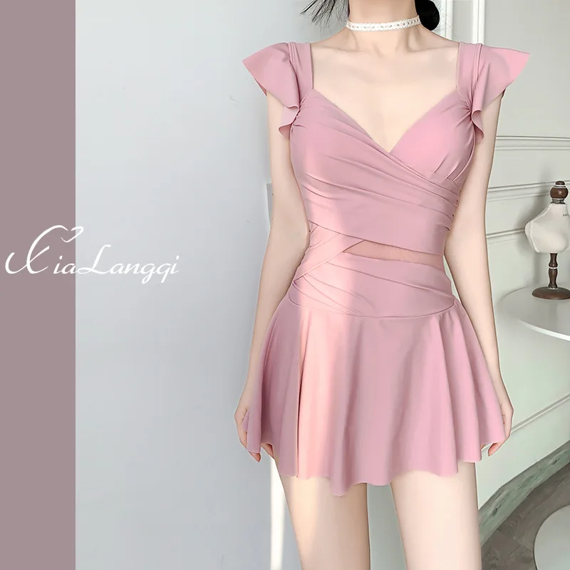 Traje de baño mujer 2025 conjunto de Bikini Sexy fresco de una pieza cubierta vientre traje de baño fino Tuck pecho cintura alta primavera vestidos de playa verano