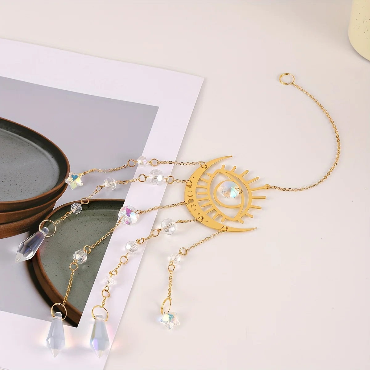 1pc gold flame moon crystal pendant sunlight catcher outdoor garden ab colour hanging decoration gift hanging ornament