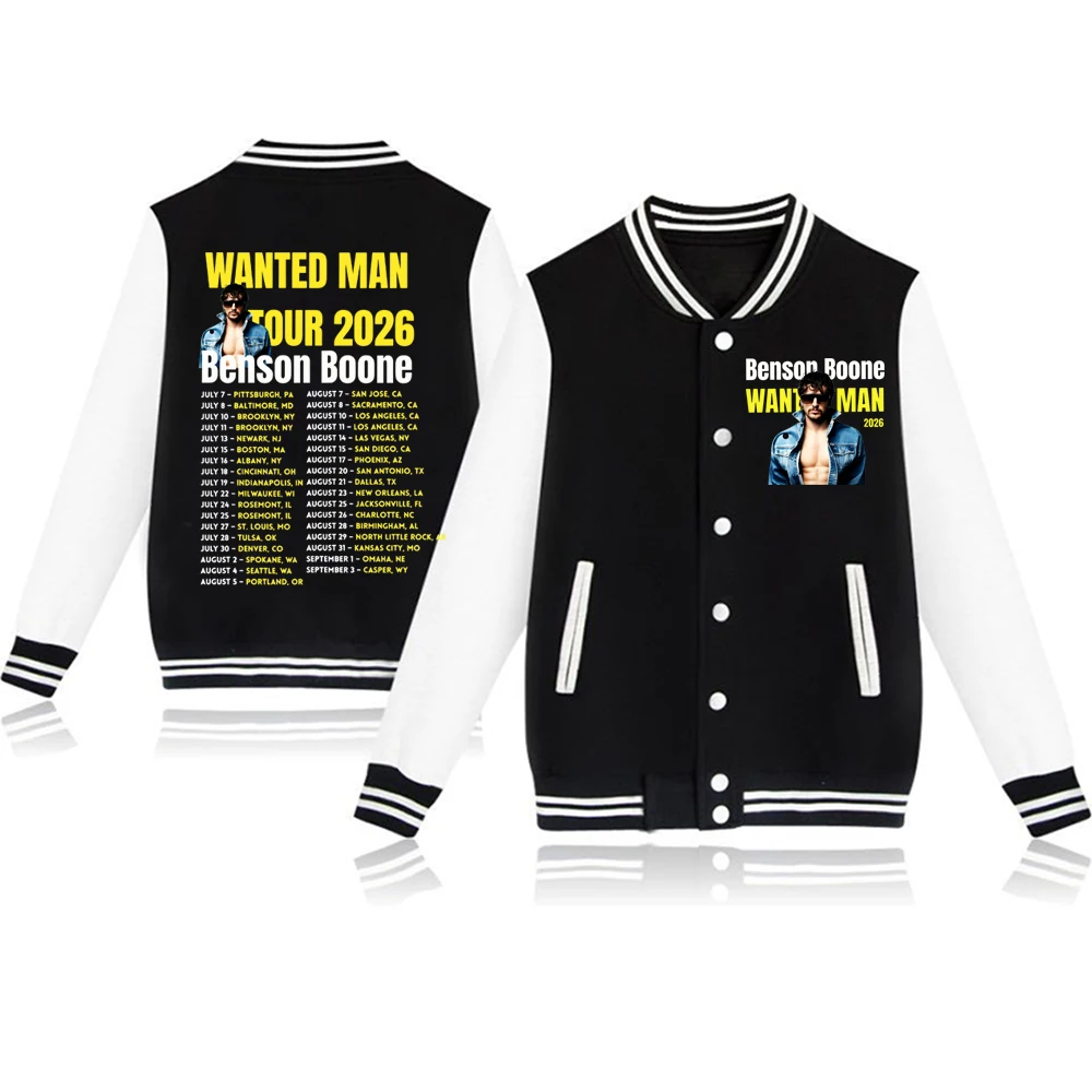 Jaqueta Moletom com Capuz de Beisebol Benson-Boone Wanted Man Tour 2026 Harajuku Manga Longa Presente para Fãs