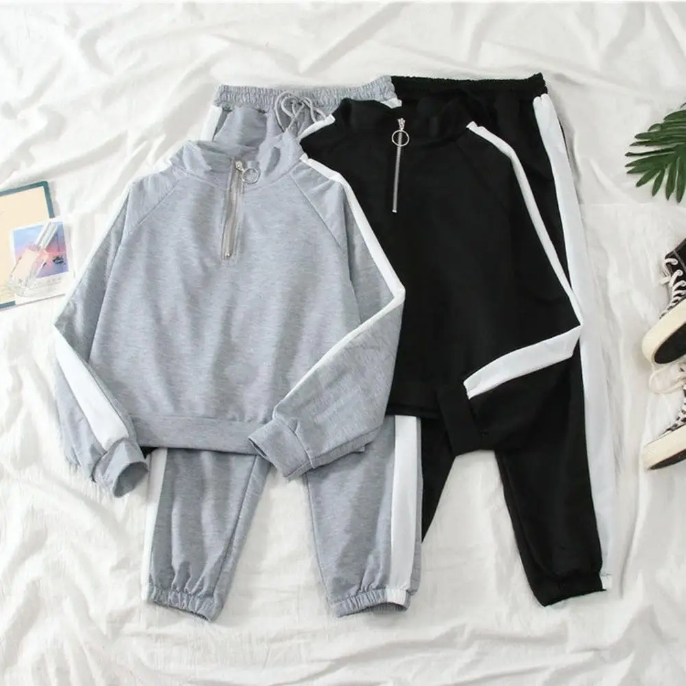 2 Pcs/Set Sweatshirt Pants Set Stand Collar Zipper Women Autumn Set Elastic Waist Ankle-banded Wide Leg Fall Spring Tracksuit