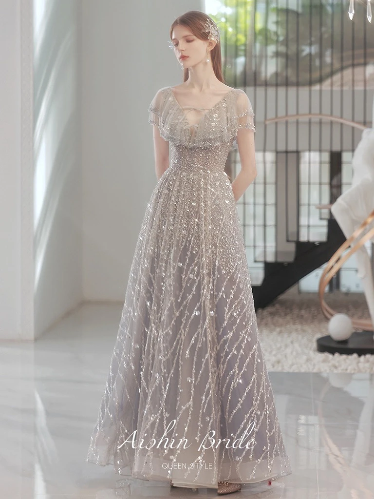 Luxury Gray Evening Dress Exquisite V-Neck Ruffle Flare Sleeve Tulle Beading Glitter Sequins Banquet Wedding Birthday Prom Gowns