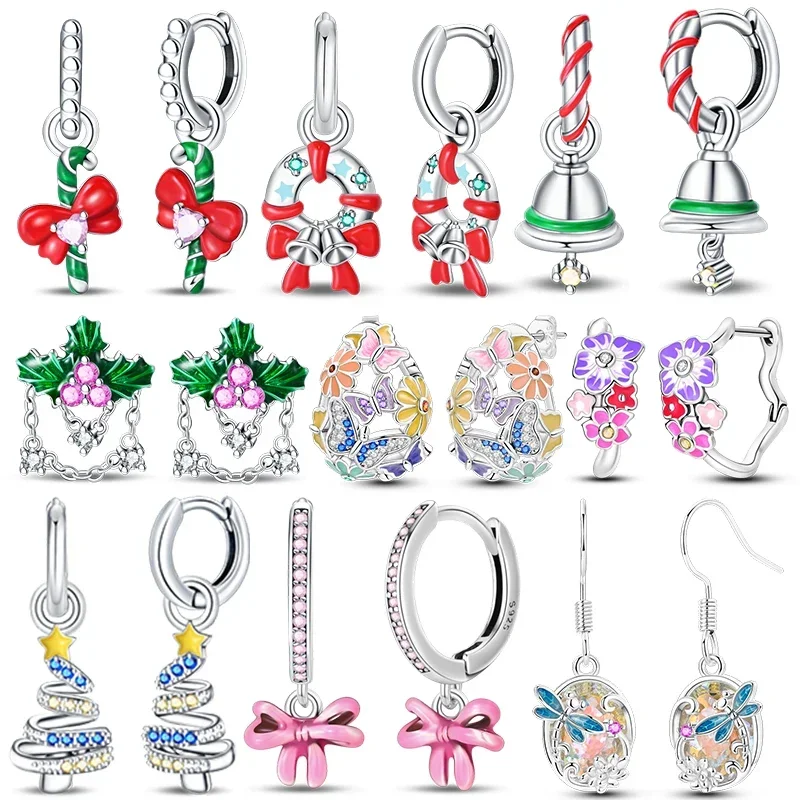 2024 New Christmas 925 Sterling Silver Christmas Cane Wreath Bell Snowflake Tree Bow Earrings for Women Creative Jewelry Gifts