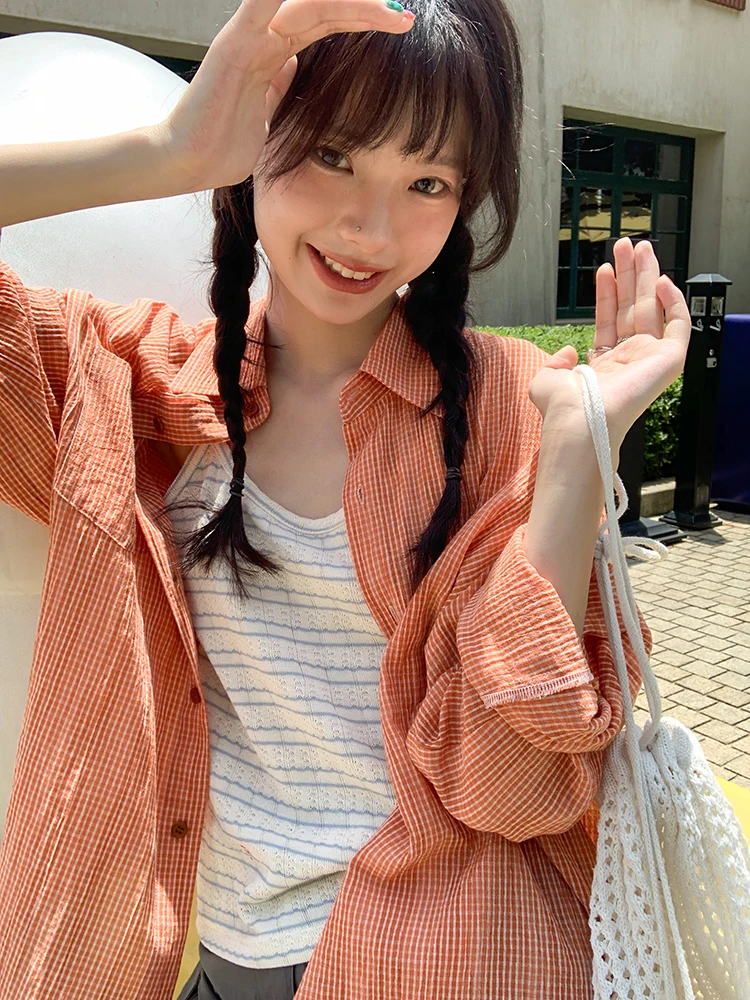 

Новинка лета: Женская свободная рубашка с длинным рукавом, тонкая верхняя одежда с защитой от солнца, в клетку, повседневный топ, куртка