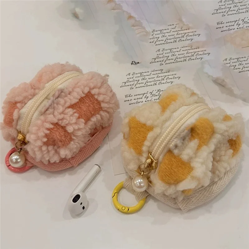 Excellent-Earphone Bag Vintage Checkboard Lovely Mini Plush Wireless Headset Storage Bag Easy Install Easy To Use Yellow
