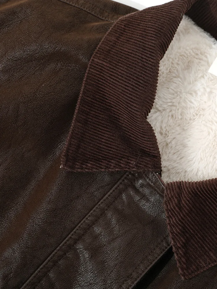 سترة نسائية من الجلد الصناعي من ZMEENNA بياقة سروال قصير مبطن وأكمام طويلة ملابس خارجية منقوشة باللون البني ZM4496 #3