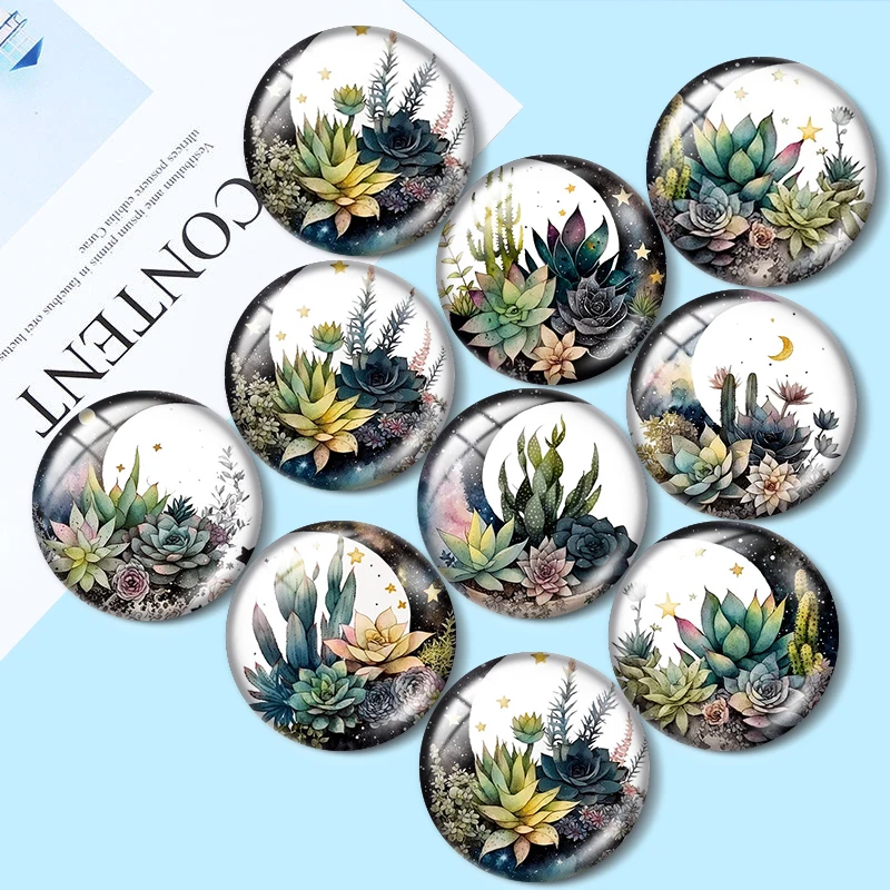 Cabujón de cristal de 12/18/20/25mm con diseño de planta suculenta para pulseras, colgantes, anillos, pendientes y como componentes para la fabricación de joyas