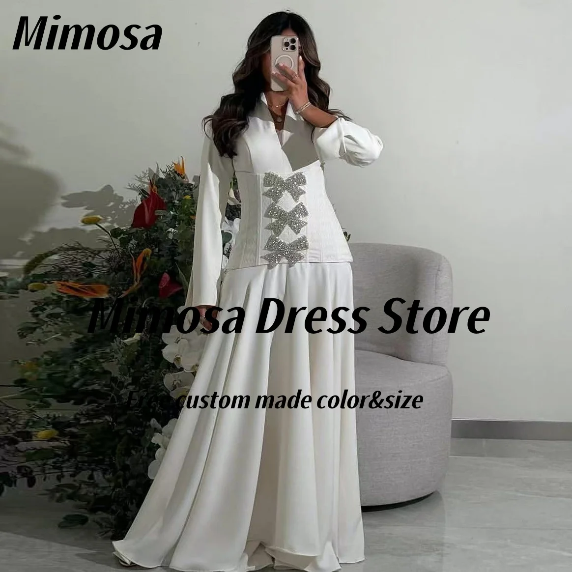 

Mimosa Long Sleeves Evening Dresses 2025 V Neck Bows Corsets Prom Dress Saudi Arabia Women Wear Party Gowns Customized