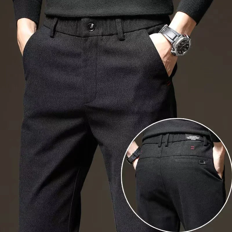 

Mens Fashion Business Casual Trousers Straight Slim Fit Pants Versatile Mid-waist Black Grey Four Season Trousers