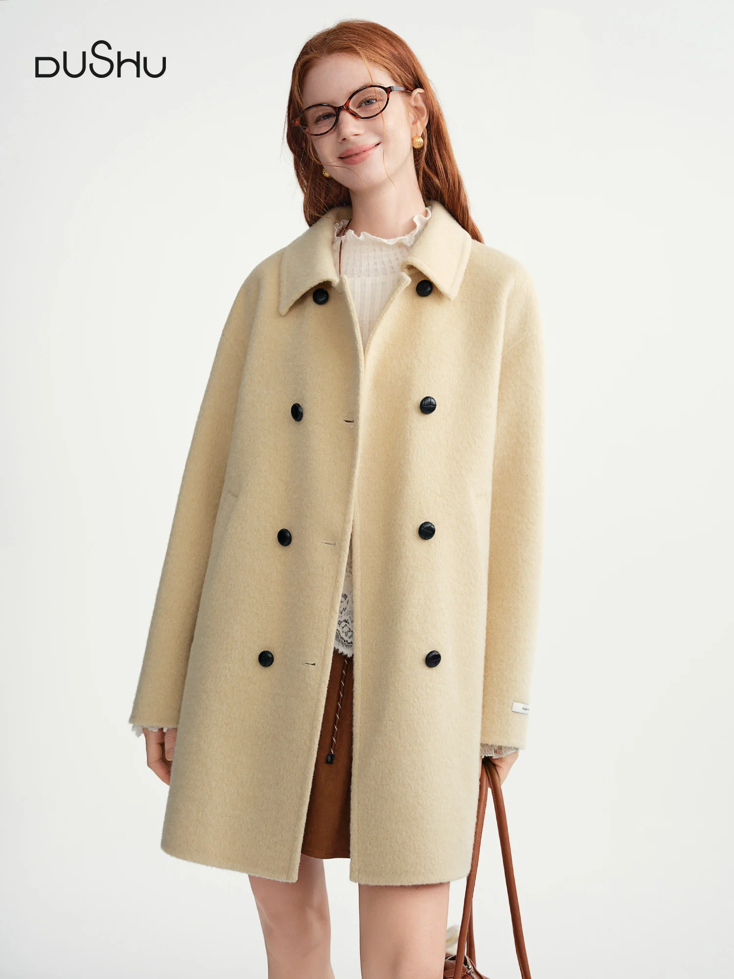 

DUSHU 2025 Women's Contrast Color Double Breasted Wool Coat Winter Warm Double Faced Tweed Overcoat Elegant Loose Fit Outerwear