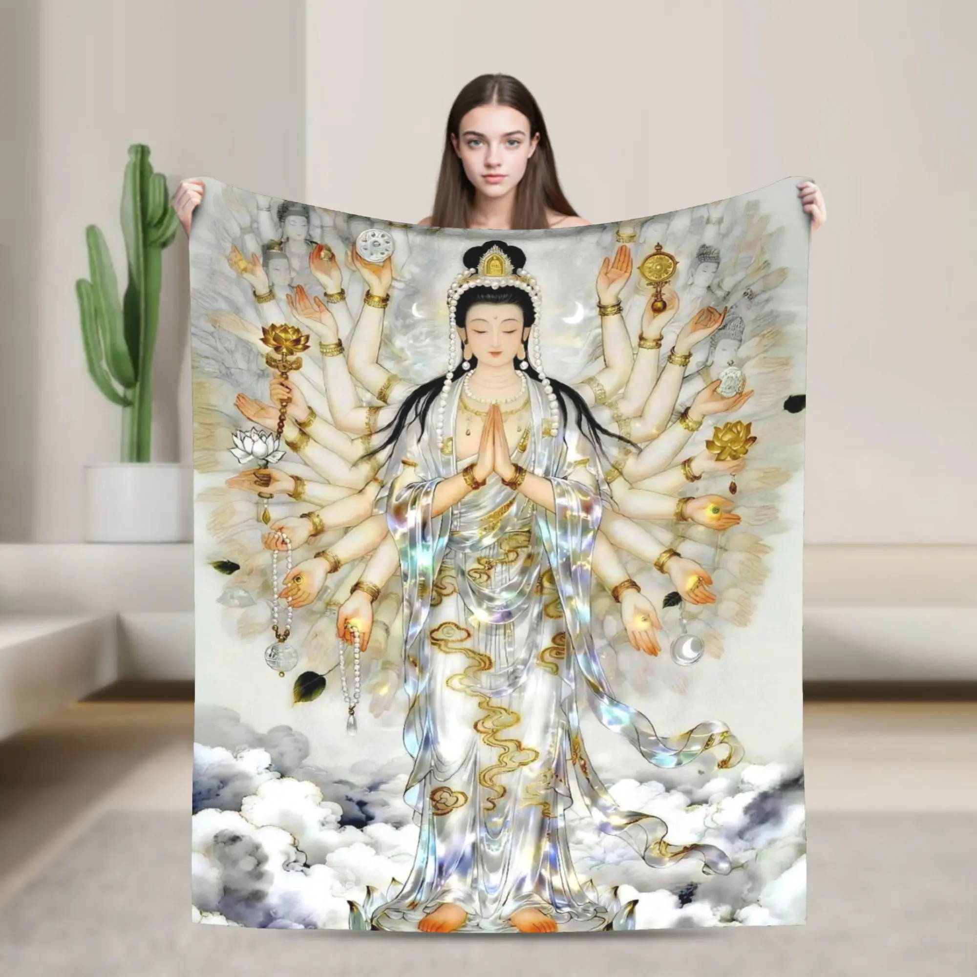 Bodhisattva Willow Branch Lotus Flannel Blanket Y2K Harajuku Customized Throw Blankets Bed Sofa Couch 150*125cm Plush Thin Quilt