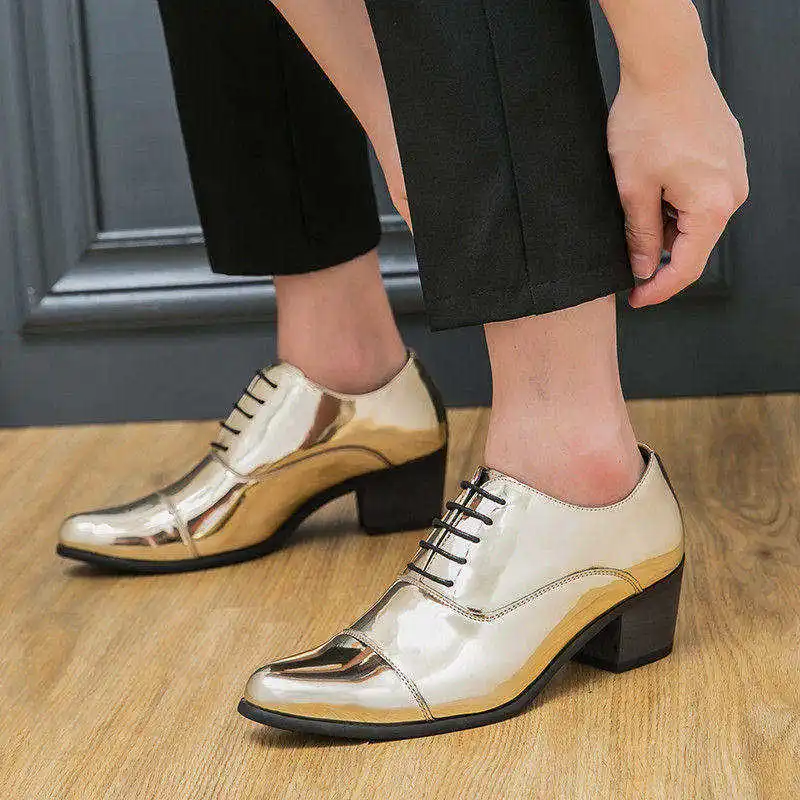 Elegant Blue High Heels Men Wedding Shoes Business Mens Luxury Dress Shoes Shiny Patent Leather Oxford Shoe Men sapato masculino